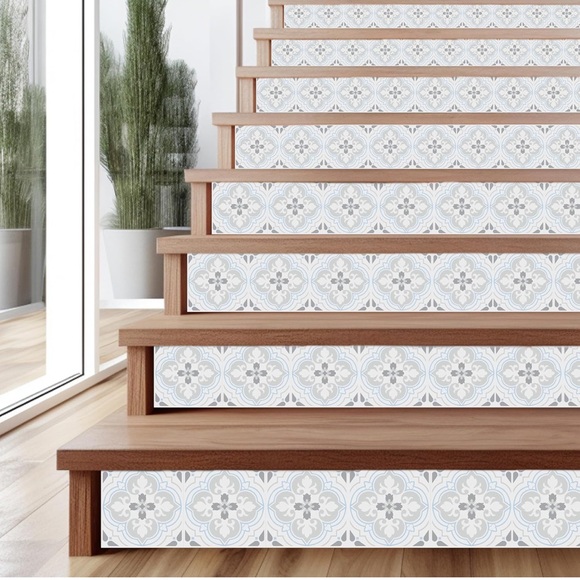 Peel and Stick Floral Pattern Elegant Blue and Gray Stair Riser Decals - Picture 3 of 12
